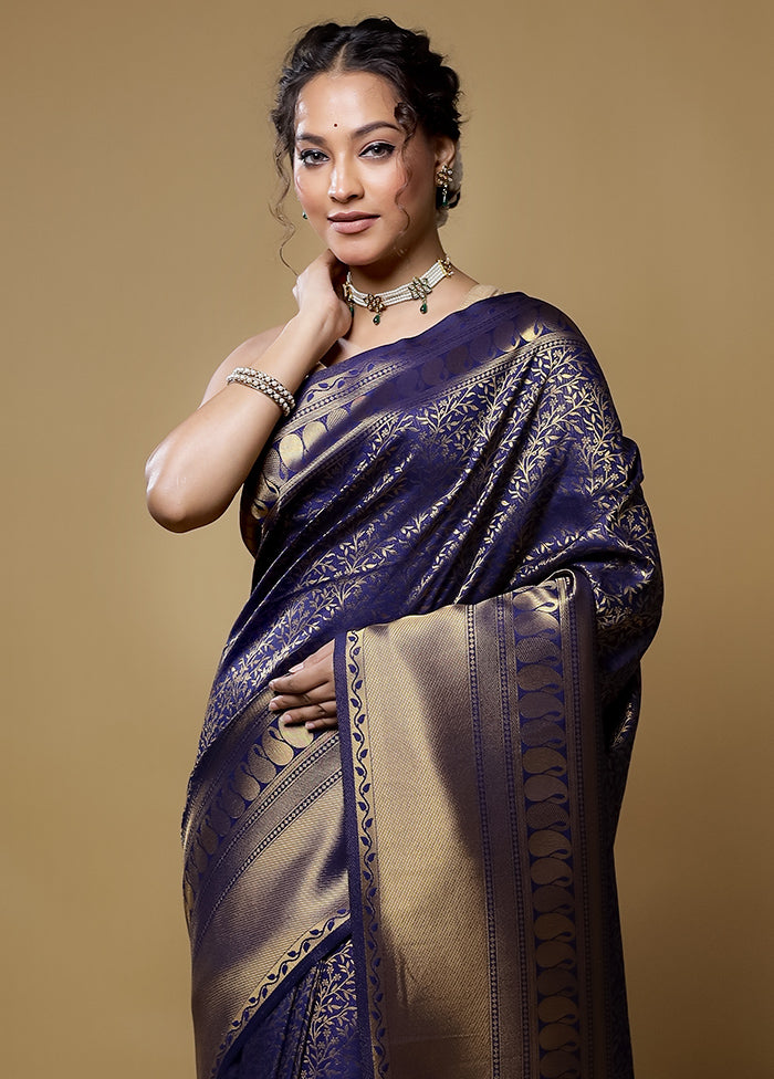 Blue Dupion Silk Saree With Blouse Piece