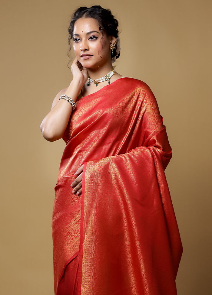 Red Dupion Silk Saree With Blouse Piece