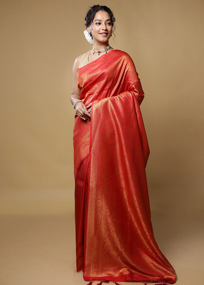 Red Dupion Silk Saree With Blouse Piece