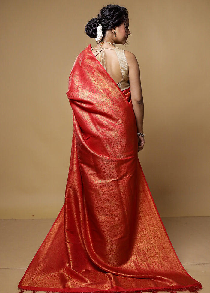 Red Dupion Silk Saree With Blouse Piece