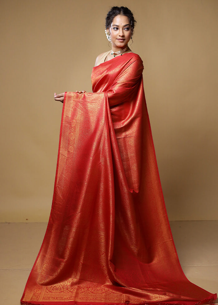 Red Dupion Silk Saree With Blouse Piece