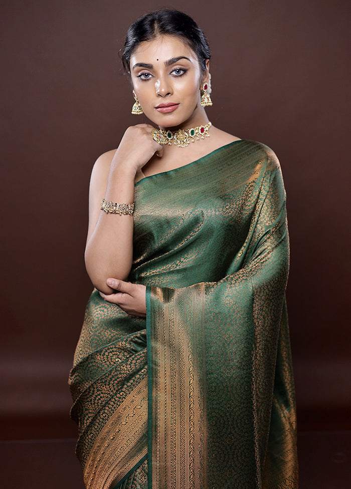 Green Dupion Silk Saree Without Blouse Piece - Indian Silk House Agencies