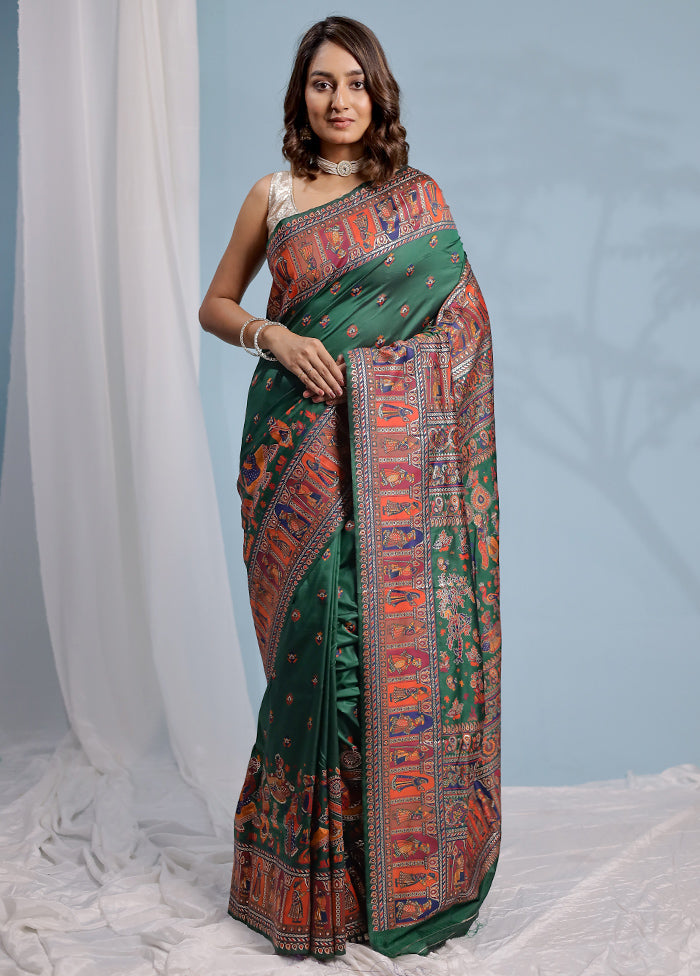 Green Baluchari Silk Saree With Blouse Piece - Indian Silk House Agencies