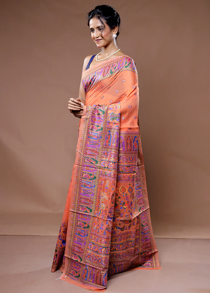 Peach Cotton Saree With Blouse Piece - Indian Silk House Agencies