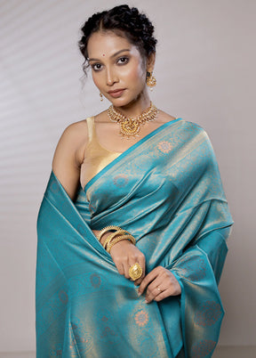 Blue Dupion Silk Saree With Blouse Piece