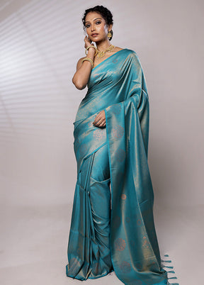 Blue Dupion Silk Saree With Blouse Piece