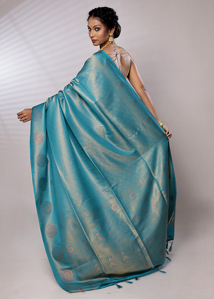 Blue Dupion Silk Saree With Blouse Piece