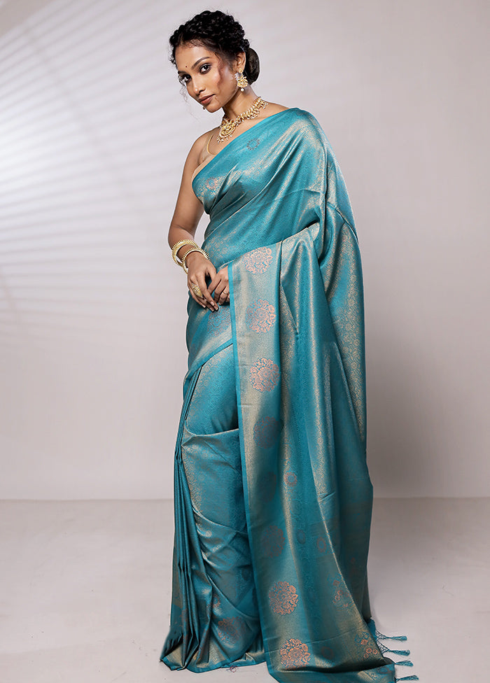 Blue Dupion Silk Saree With Blouse Piece