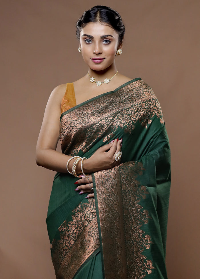 Green Dupion Silk Saree With Blouse Piece - Indian Silk House Agencies