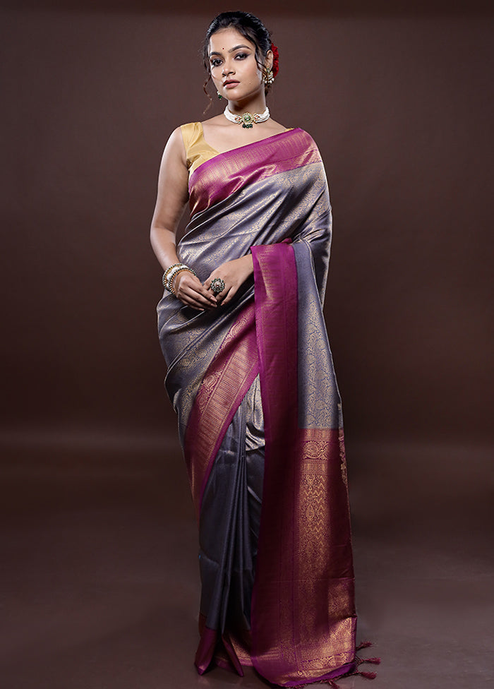 Grey Dupion Silk Saree Without Blouse Piece - Indian Silk House Agencies