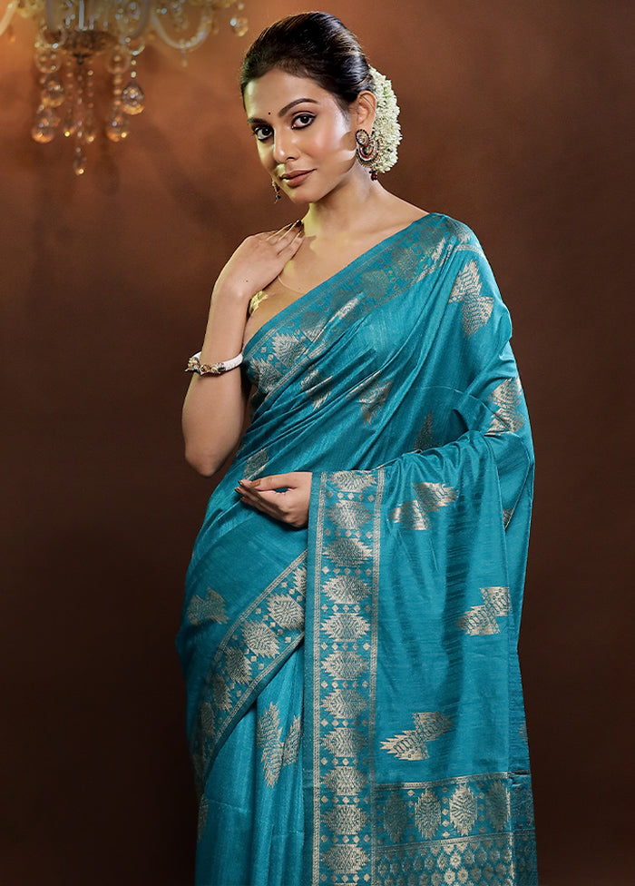 Blue Dupion Silk Saree With Blouse Piece