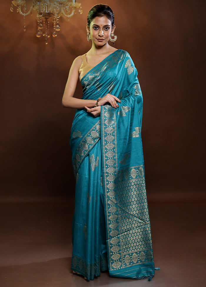 Blue Dupion Silk Saree With Blouse Piece