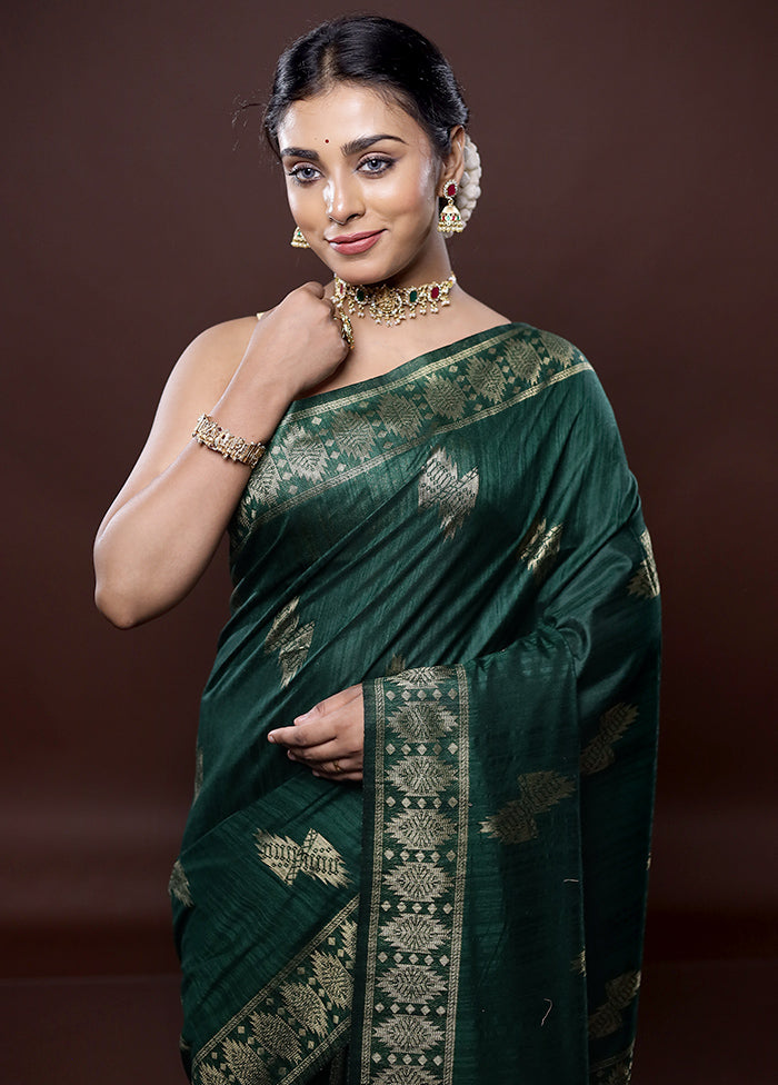 Green Dupion Silk Saree Without Blouse Piece - Indian Silk House Agencies