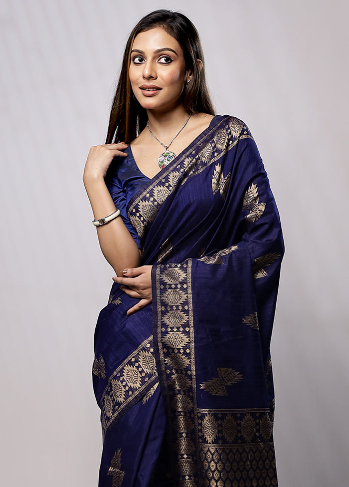 Blue Dupion Silk Saree With Blouse Piece