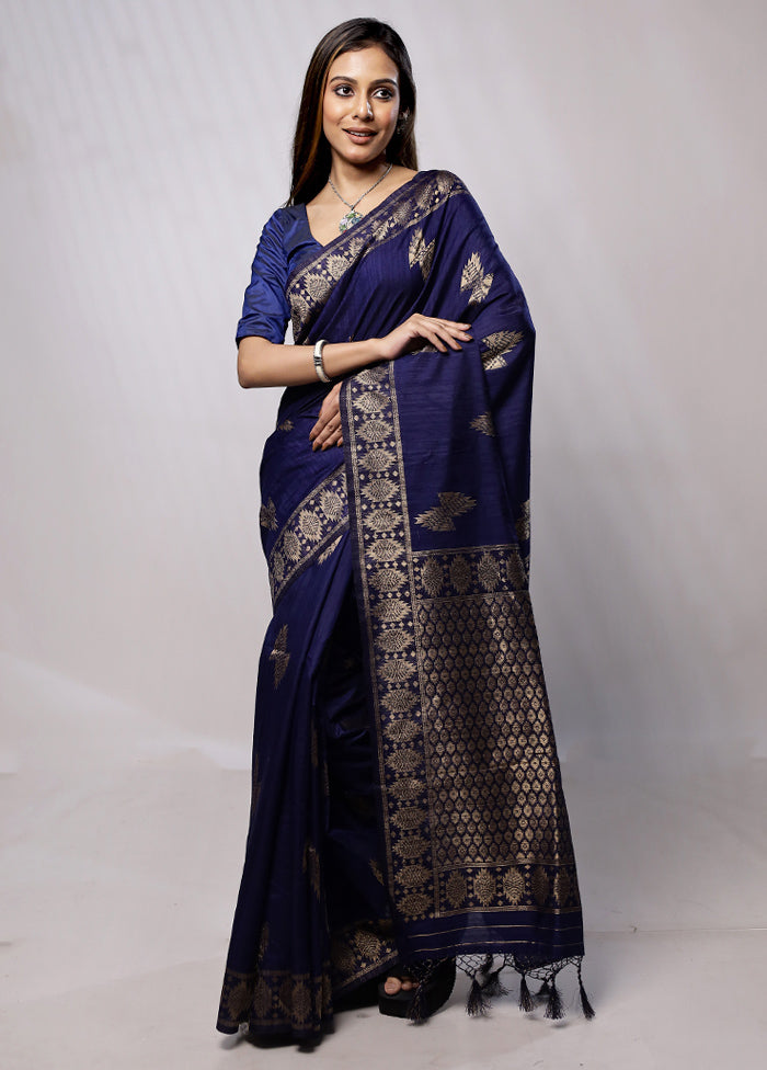 Blue Dupion Silk Saree With Blouse Piece