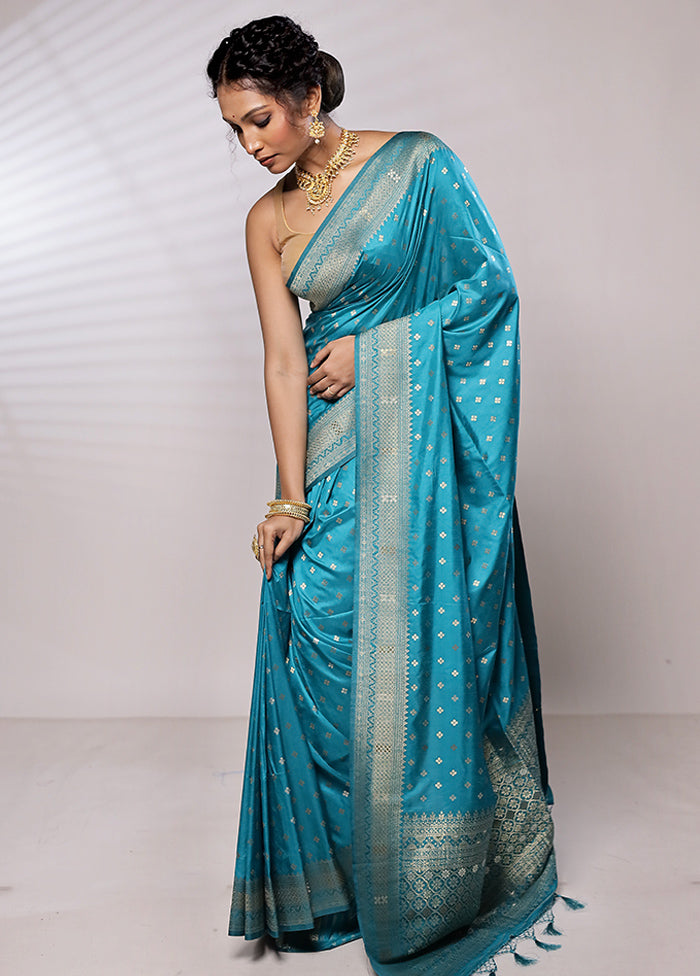 Blue Dupion Silk Saree With Blouse Piece