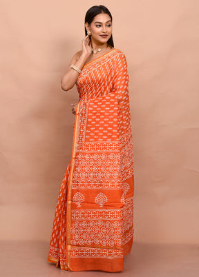 Orange Chanderi Cotton Saree With Blouse Piece - Indian Silk House Agencies