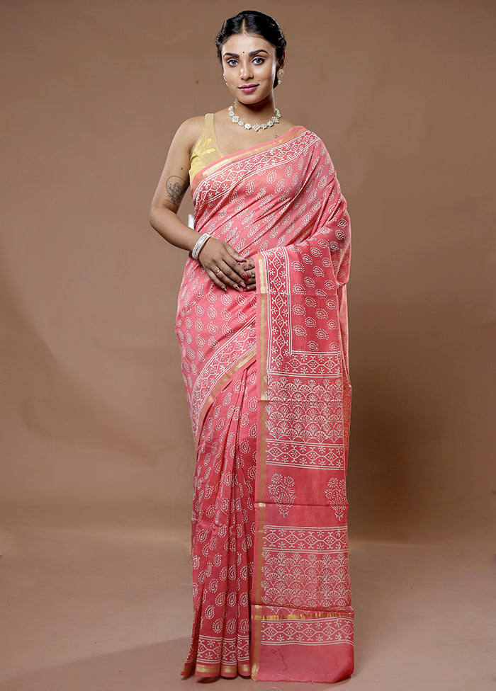 Pink Chanderi Cotton Saree With Blouse Piece - Indian Silk House Agencies