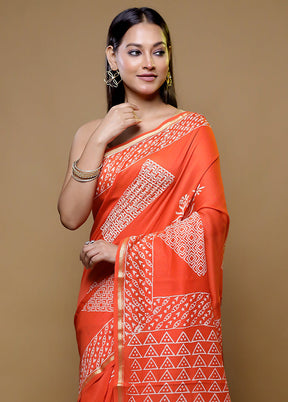 Orange Chanderi Cotton Saree With Blouse Piece