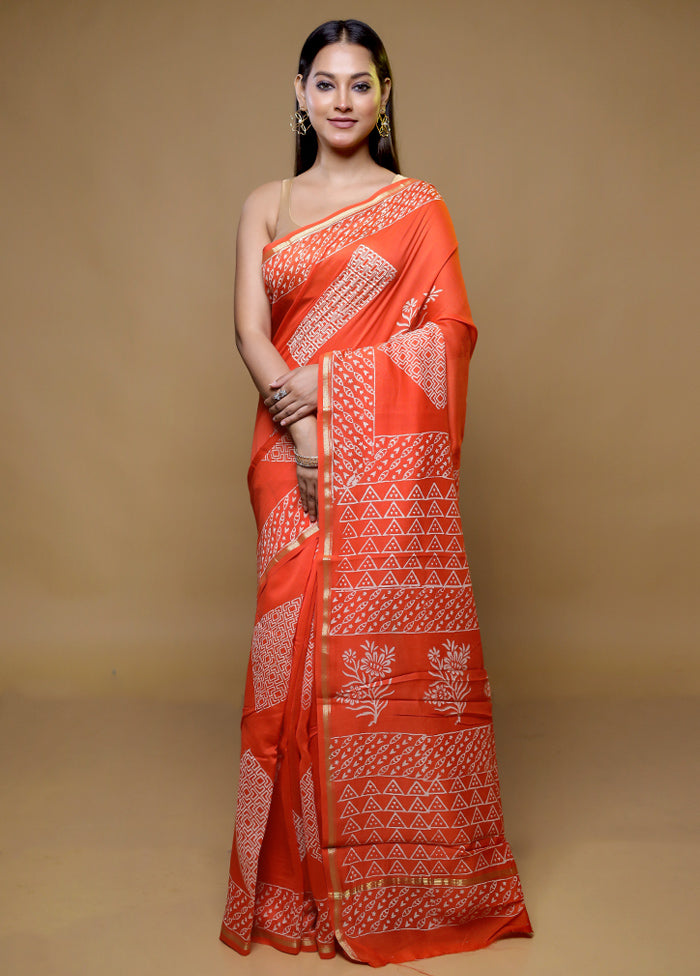 Orange Chanderi Cotton Saree With Blouse Piece