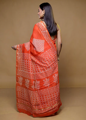 Orange Chanderi Cotton Saree With Blouse Piece