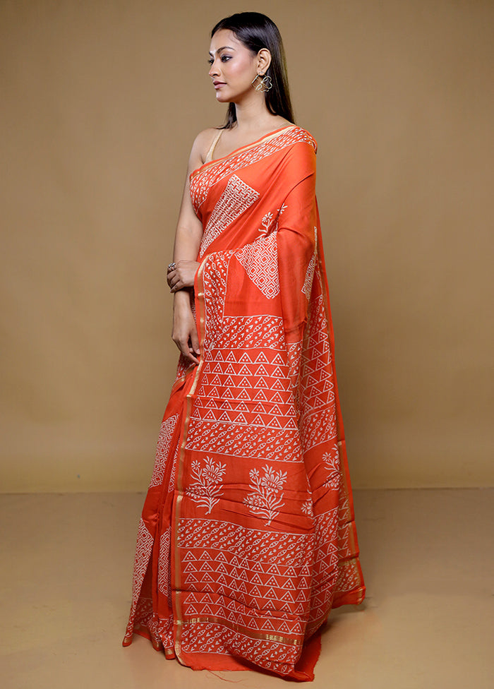 Orange Chanderi Cotton Saree With Blouse Piece