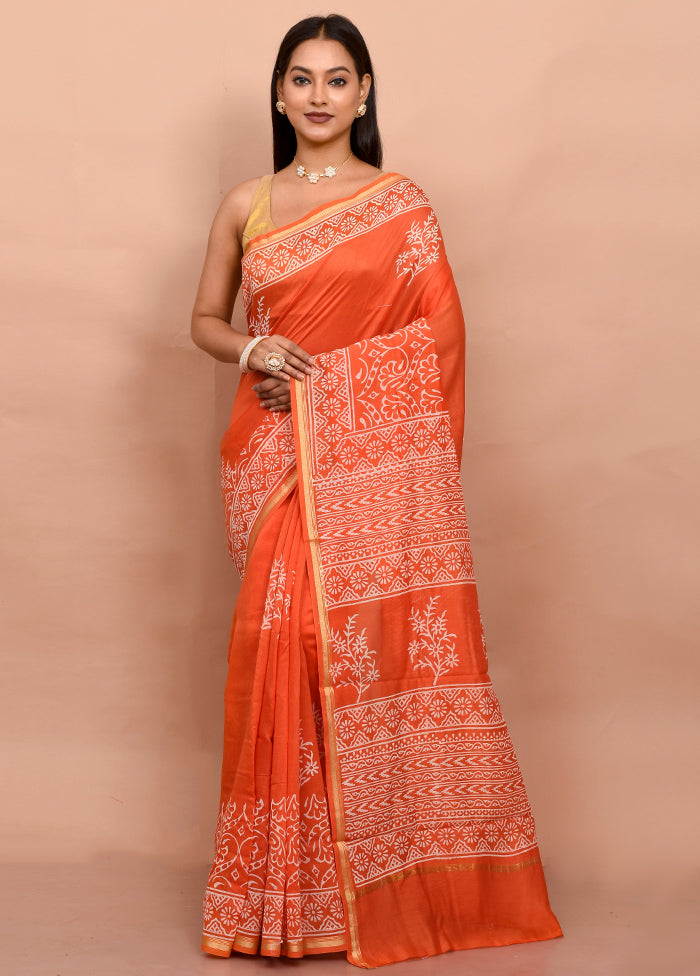 Orange Chanderi Cotton Saree With Blouse Piece - Indian Silk House Agencies