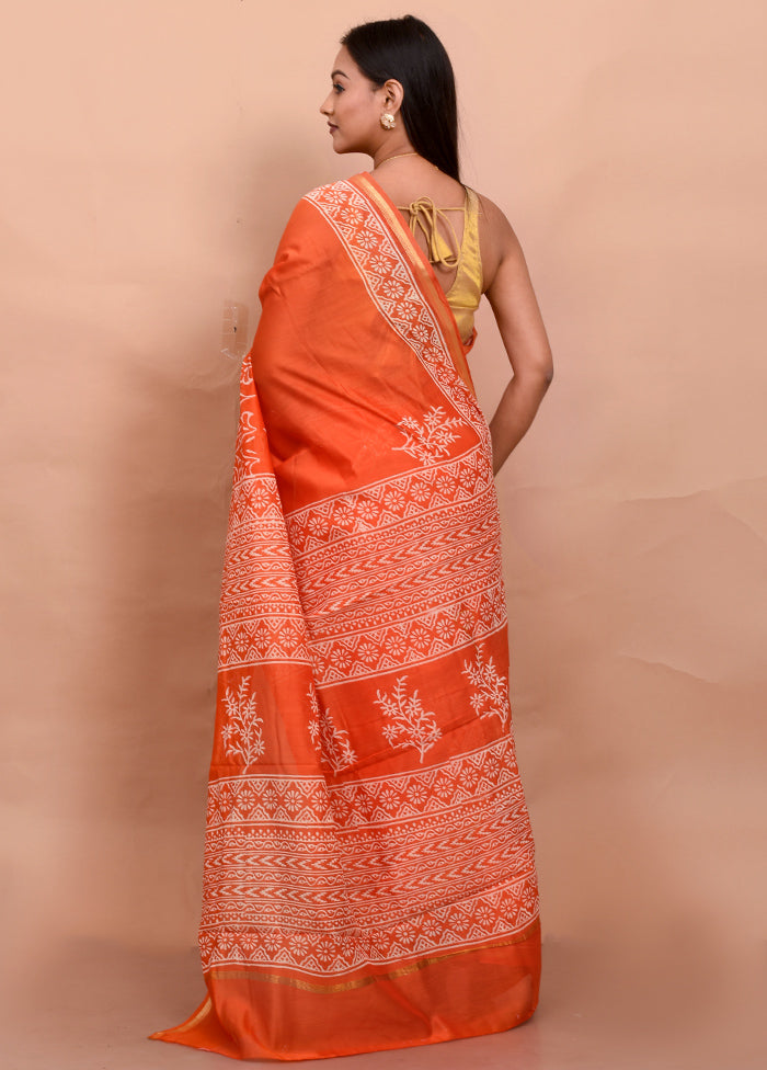 Orange Chanderi Cotton Saree With Blouse Piece - Indian Silk House Agencies