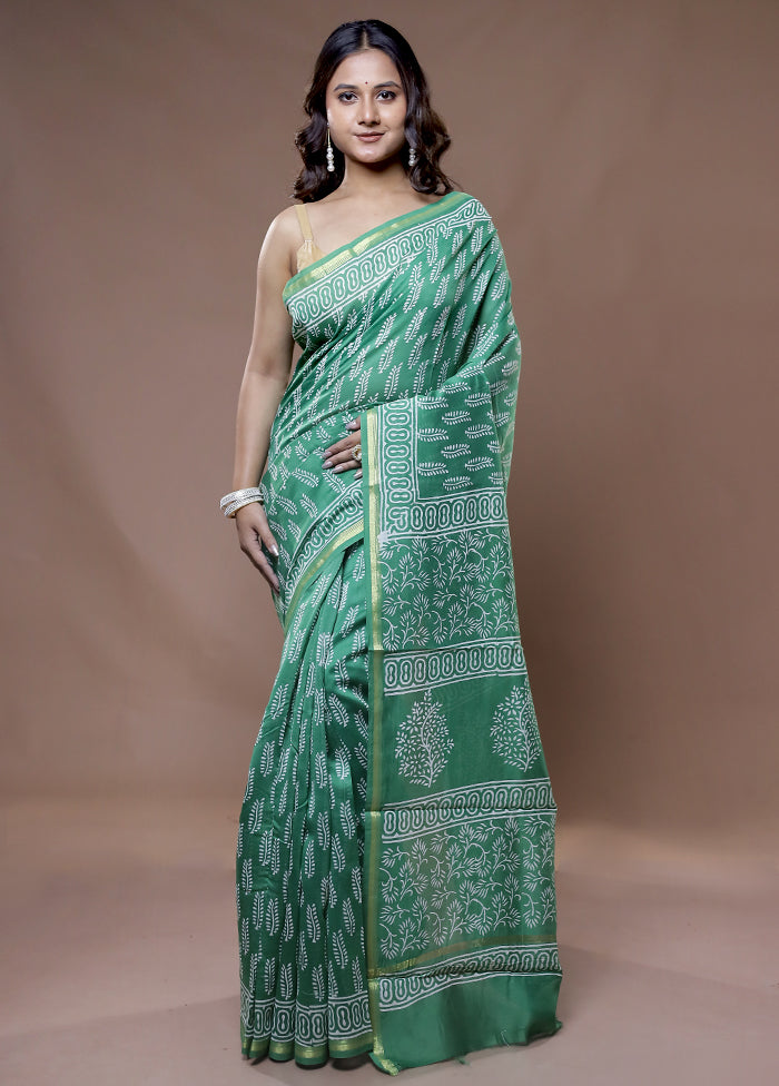 Green Chanderi Cotton Saree With Blouse Piece - Indian Silk House Agencies