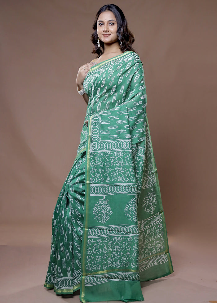 Green Chanderi Cotton Saree With Blouse Piece - Indian Silk House Agencies