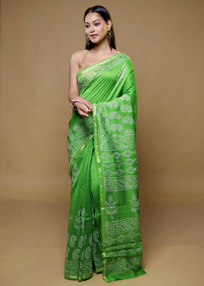 Green Chanderi Cotton Saree With Blouse Piece