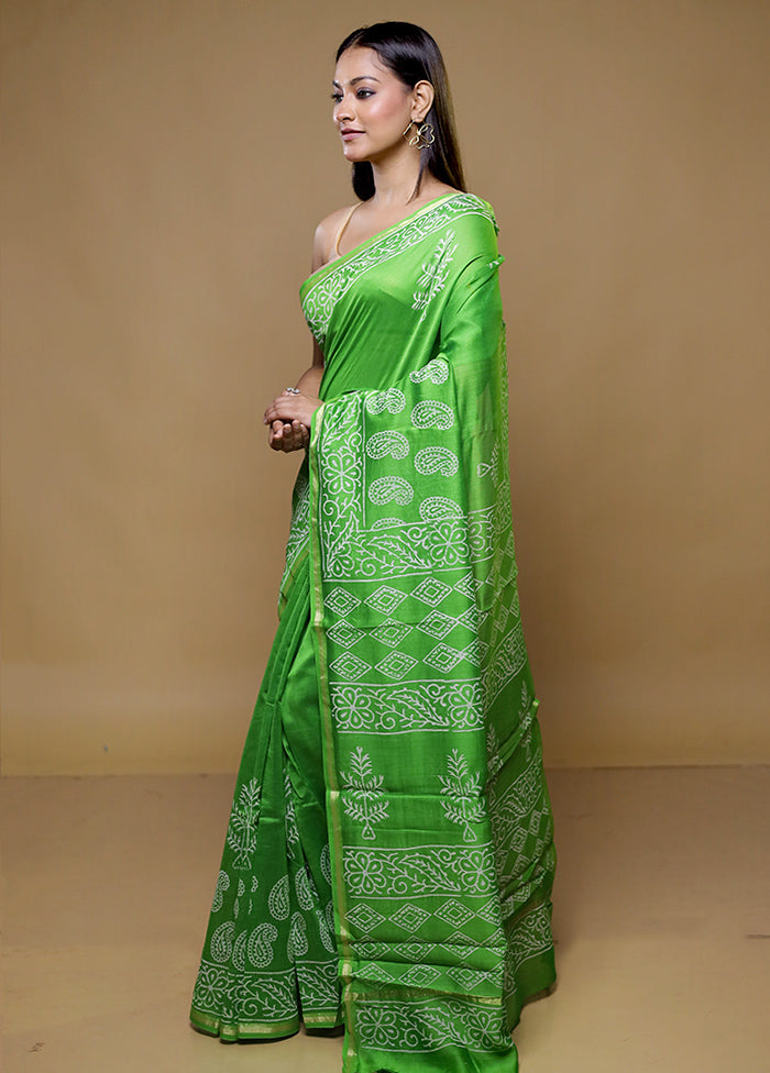 Green Chanderi Cotton Saree With Blouse Piece