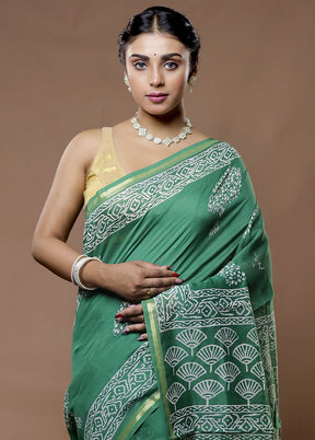 Green Chanderi Cotton Saree With Blouse Piece - Indian Silk House Agencies