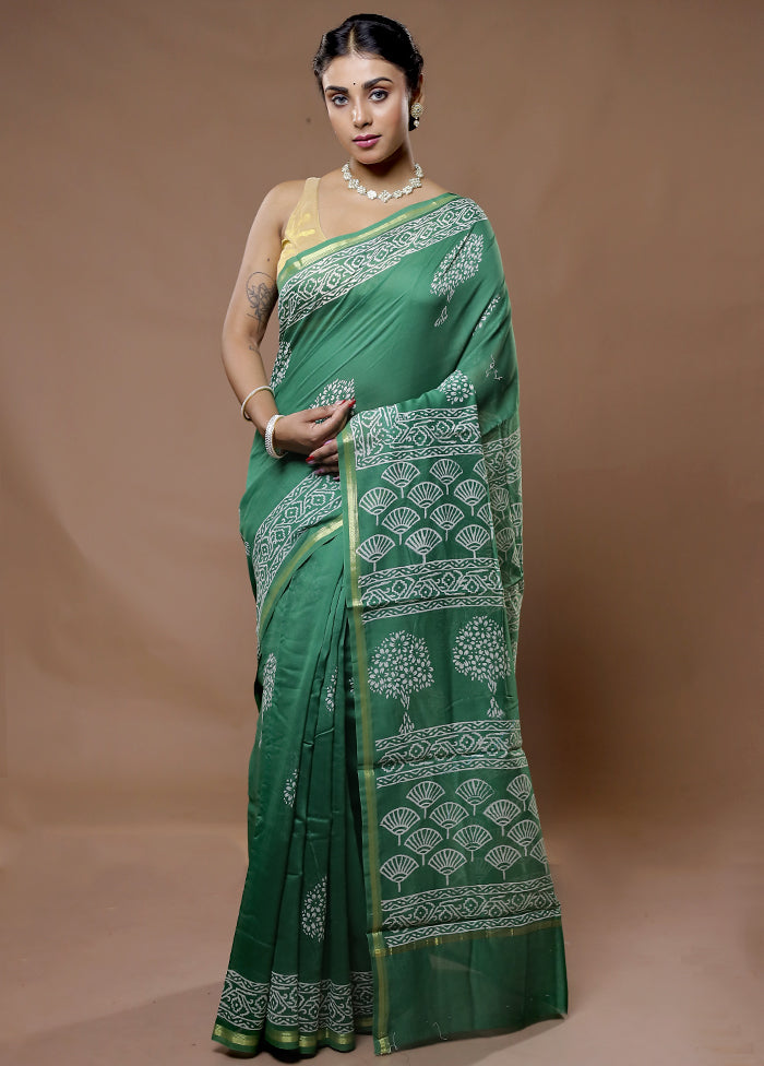 Green Chanderi Cotton Saree With Blouse Piece - Indian Silk House Agencies