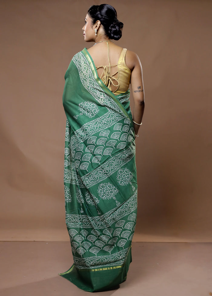 Green Chanderi Cotton Saree With Blouse Piece - Indian Silk House Agencies