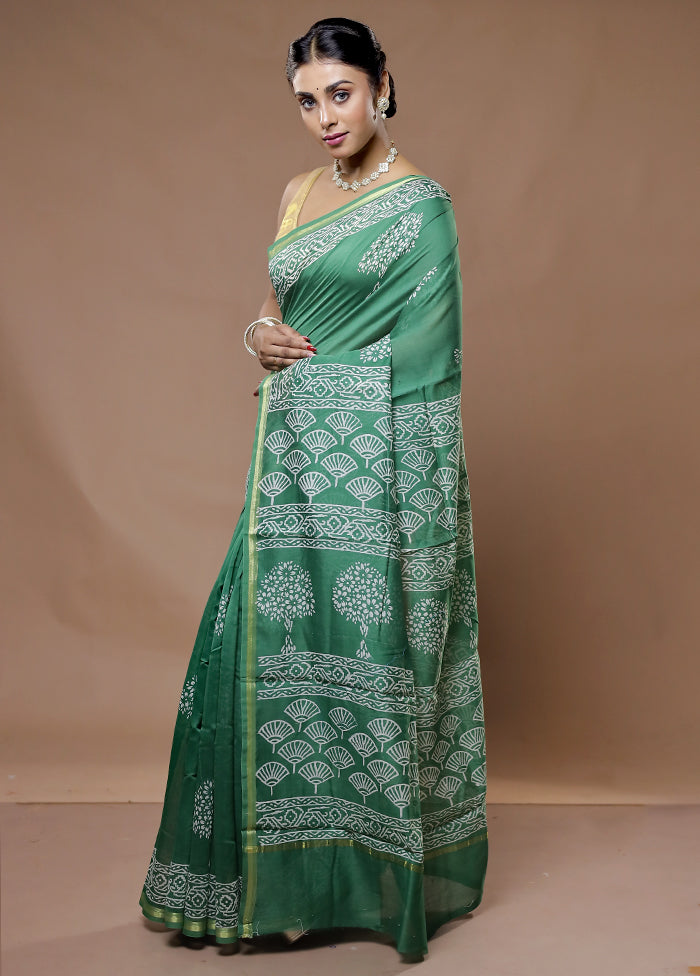 Green Chanderi Cotton Saree With Blouse Piece - Indian Silk House Agencies