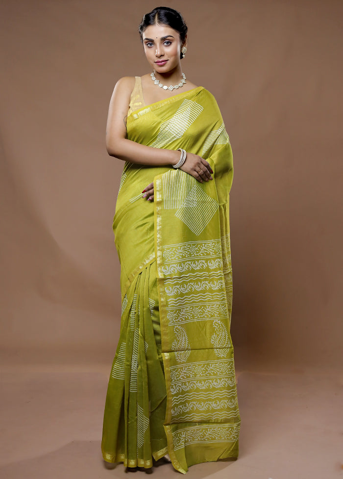 Green Chanderi Cotton Saree With Blouse Piece - Indian Silk House Agencies