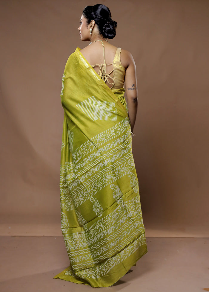 Green Chanderi Cotton Saree With Blouse Piece - Indian Silk House Agencies