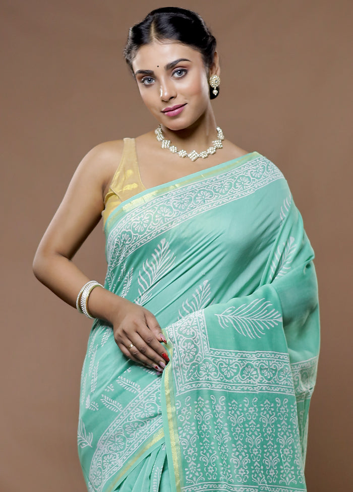 Green Chanderi Cotton Saree With Blouse Piece - Indian Silk House Agencies