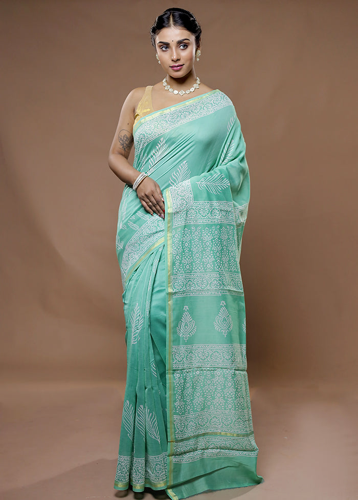 Green Chanderi Cotton Saree With Blouse Piece - Indian Silk House Agencies