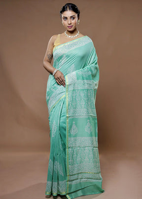 Green Chanderi Cotton Saree With Blouse Piece - Indian Silk House Agencies