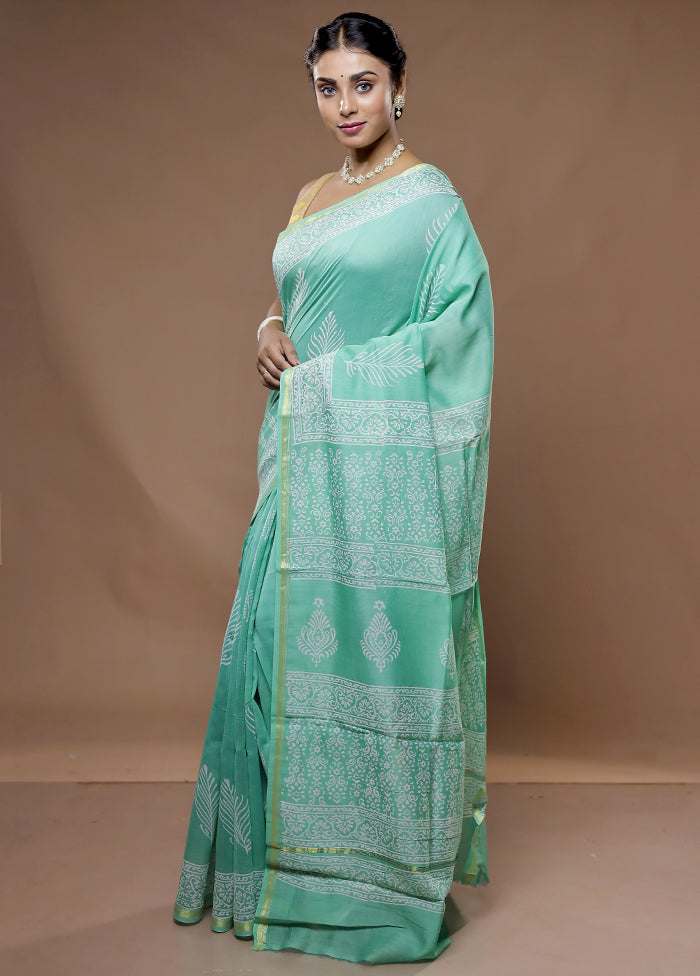 Green Chanderi Cotton Saree With Blouse Piece - Indian Silk House Agencies