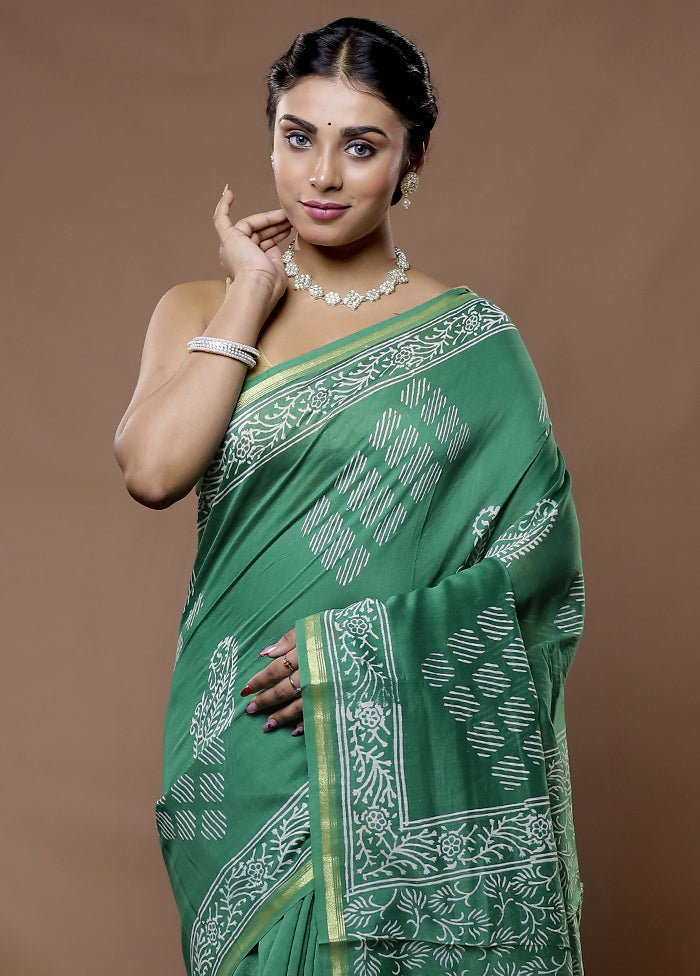 Green Chanderi Cotton Saree With Blouse Piece - Indian Silk House Agencies