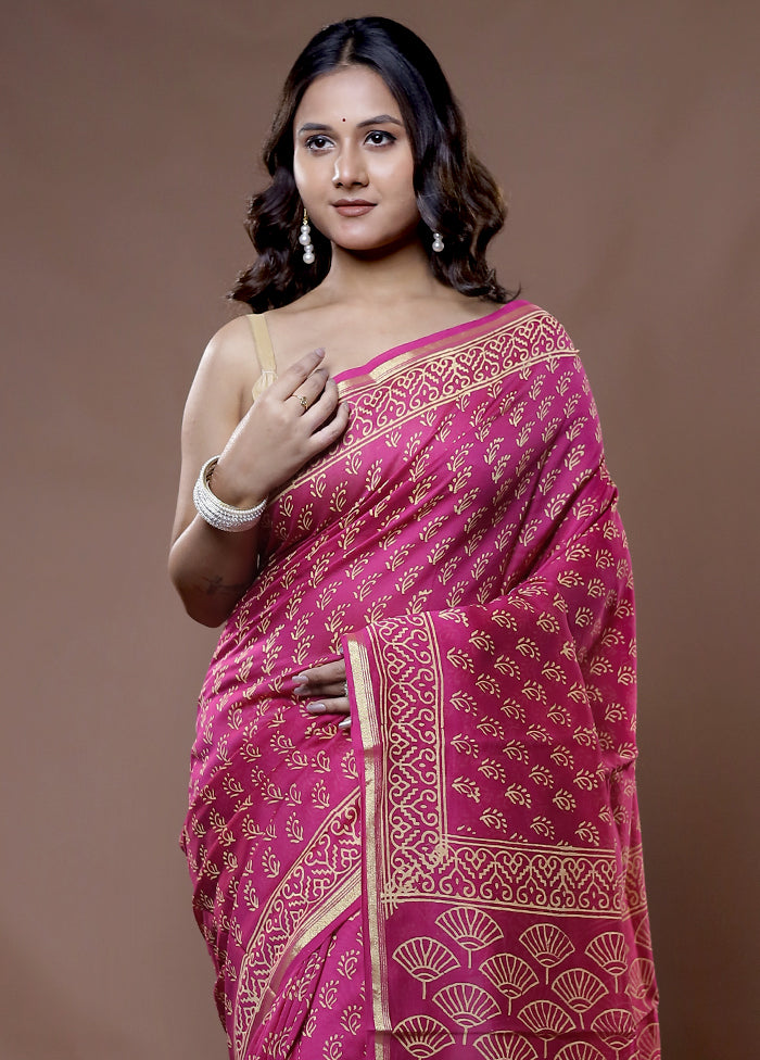 Pink Chanderi Cotton Saree With Blouse Piece - Indian Silk House Agencies