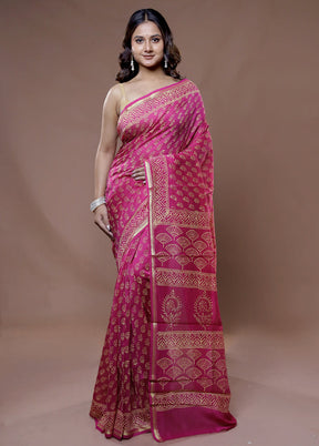 Pink Chanderi Cotton Saree With Blouse Piece - Indian Silk House Agencies