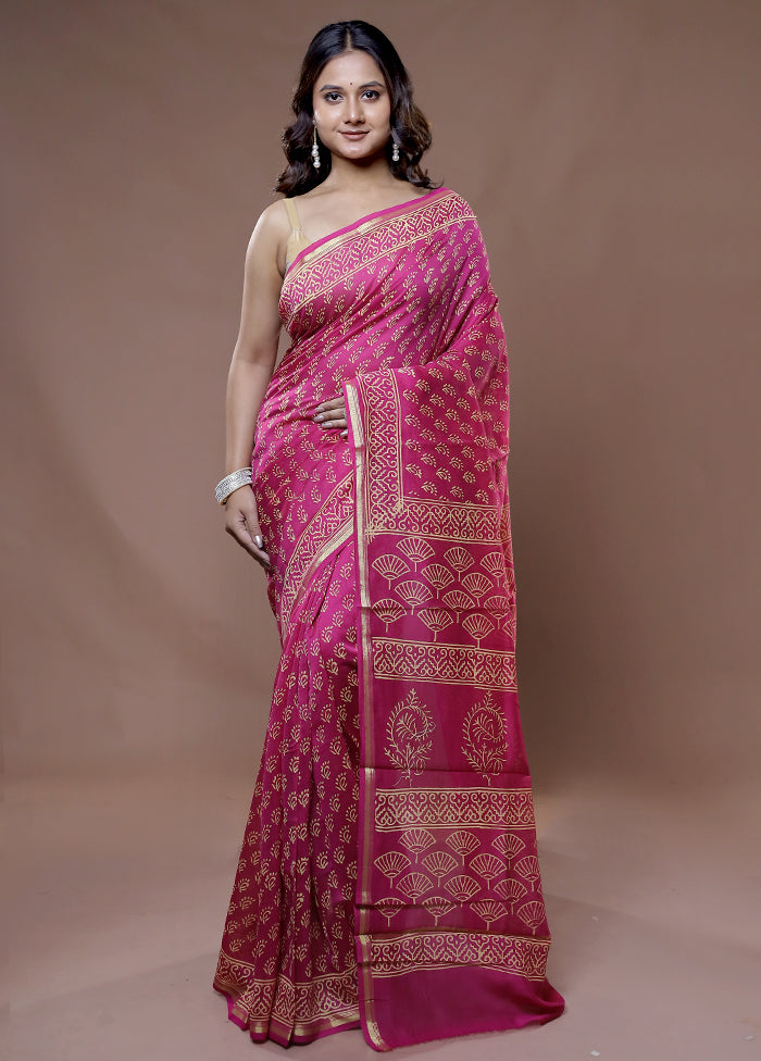 Pink Chanderi Cotton Saree With Blouse Piece - Indian Silk House Agencies