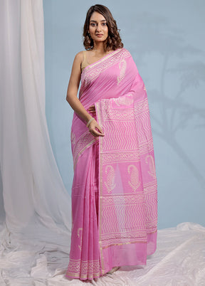 Pink Chanderi Cotton Saree With Blouse Piece - Indian Silk House Agencies