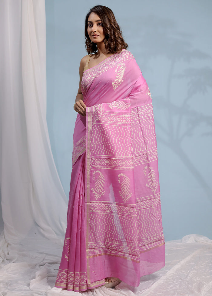 Pink Chanderi Cotton Saree With Blouse Piece - Indian Silk House Agencies