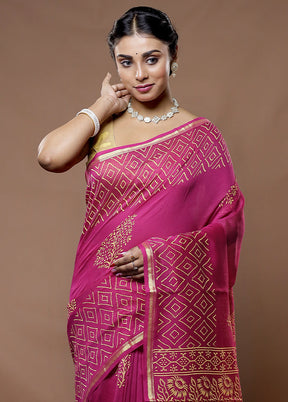 Pink Chanderi Cotton Saree With Blouse Piece - Indian Silk House Agencies