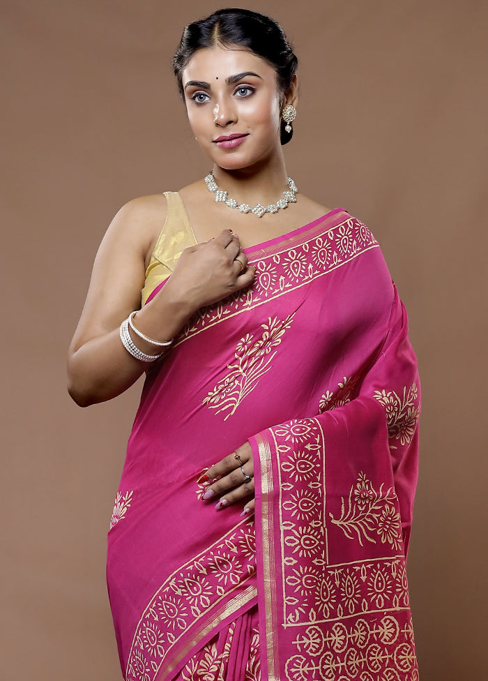 Pink Chanderi Cotton Saree With Blouse Piece - Indian Silk House Agencies